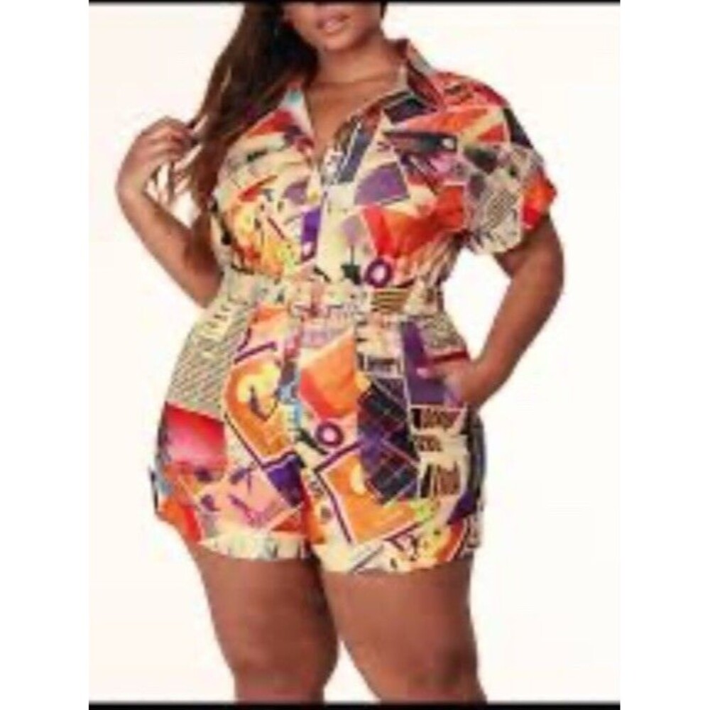 L’atiste By Amy Art Romper Womens 2X NWOT Colorful Newspaper Vacation Cruise